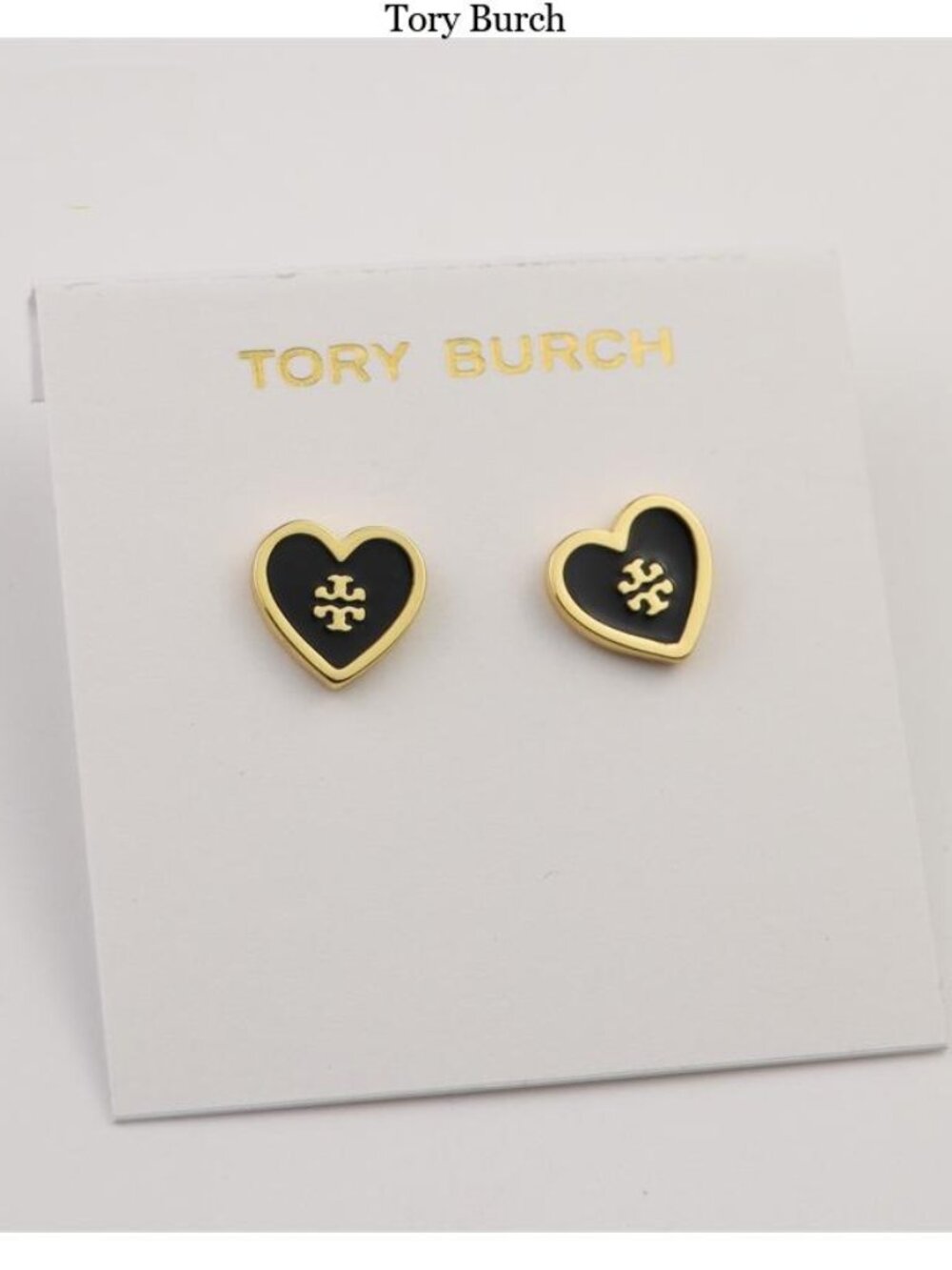 Tory Burch Black and Gold Heart Logo Stud Earrings